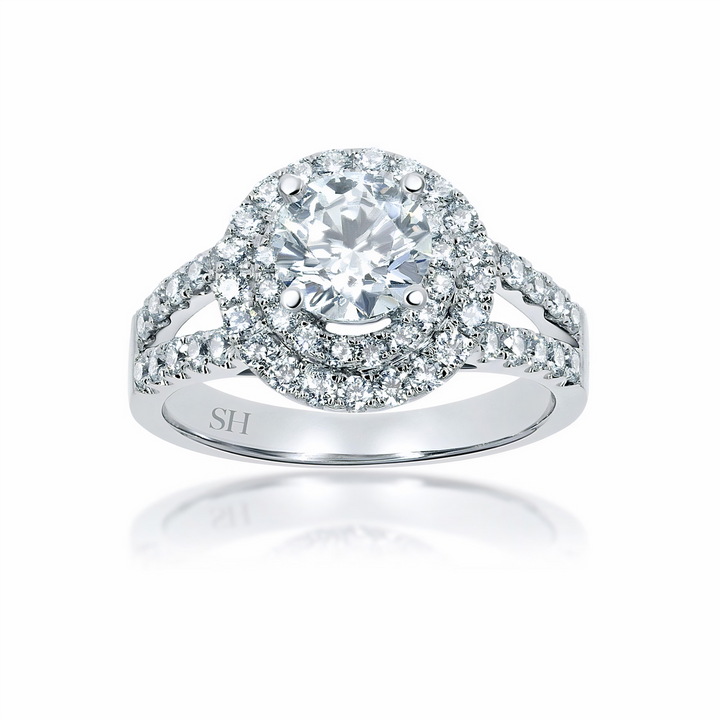 Double Halo Style Diamond Engagement Ring with Twin Pavé-Set Band - W0060 (Lab Grown)