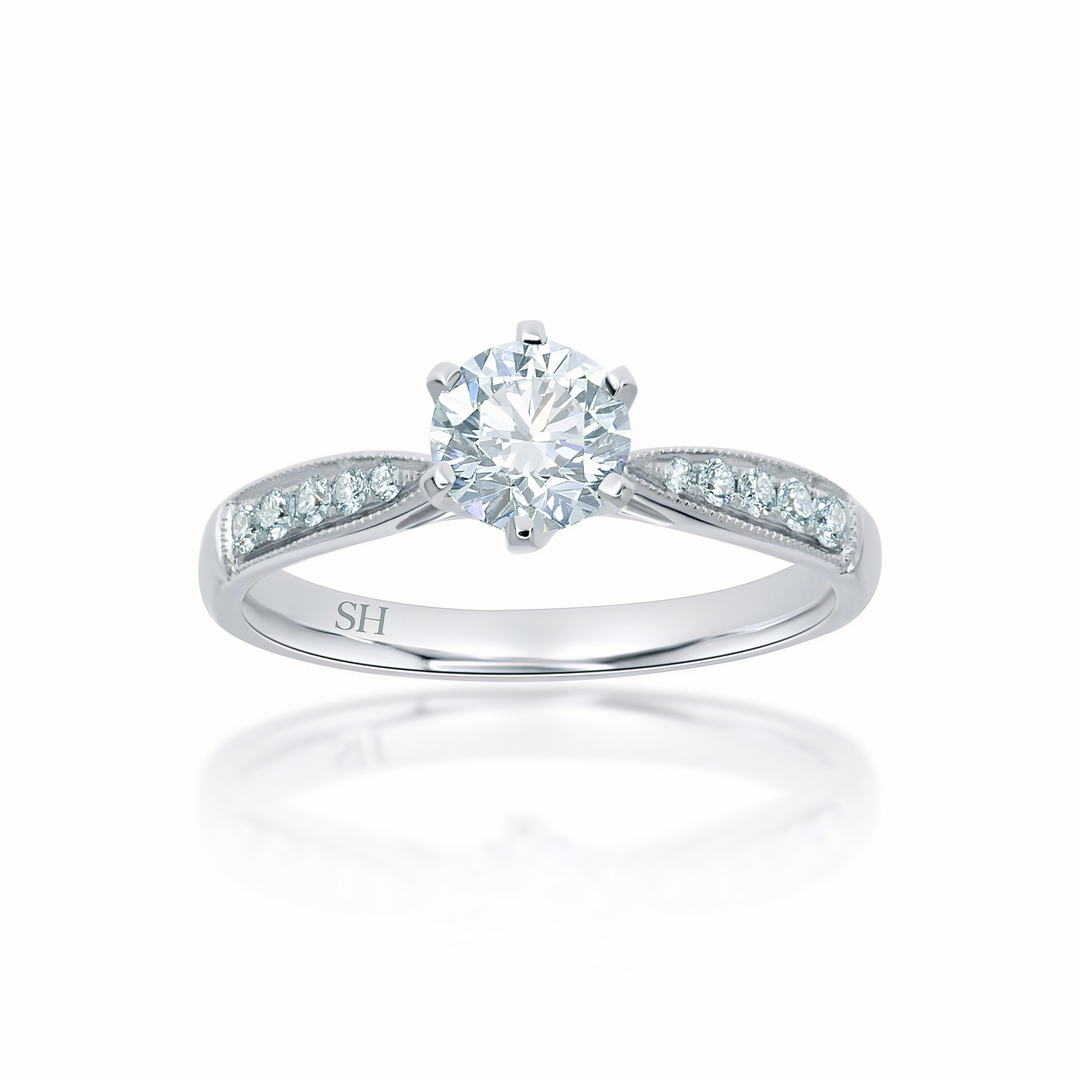 Minimalistic 6-Claw Ring with Milgrain Tapered Band - W0248 (Lab Grown)