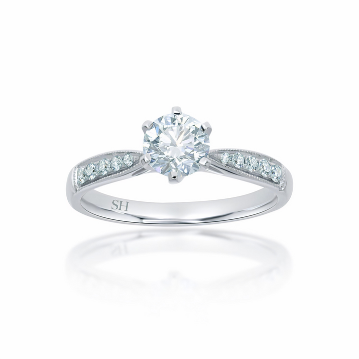 Minimalistic 6-Claw Ring with Milgrain Tapered Band - W0248 (Lab Grown)