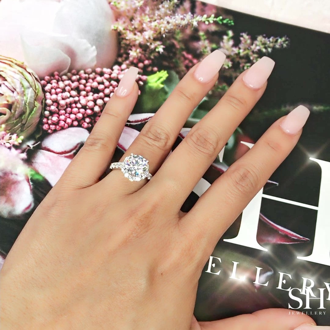 Floral Halo Style Engagement Ring with Pavé Set Band - W0251 (Lab Grown)