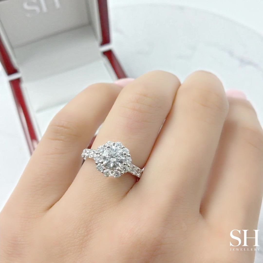 Floral Halo Style Engagement Ring with Pavé Set Band - W0251 (Lab Grown)