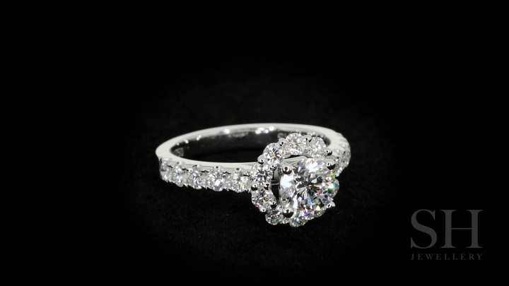 Floral Halo Style Engagement Ring with Pavé Set Band - W0251 (Lab Grown)