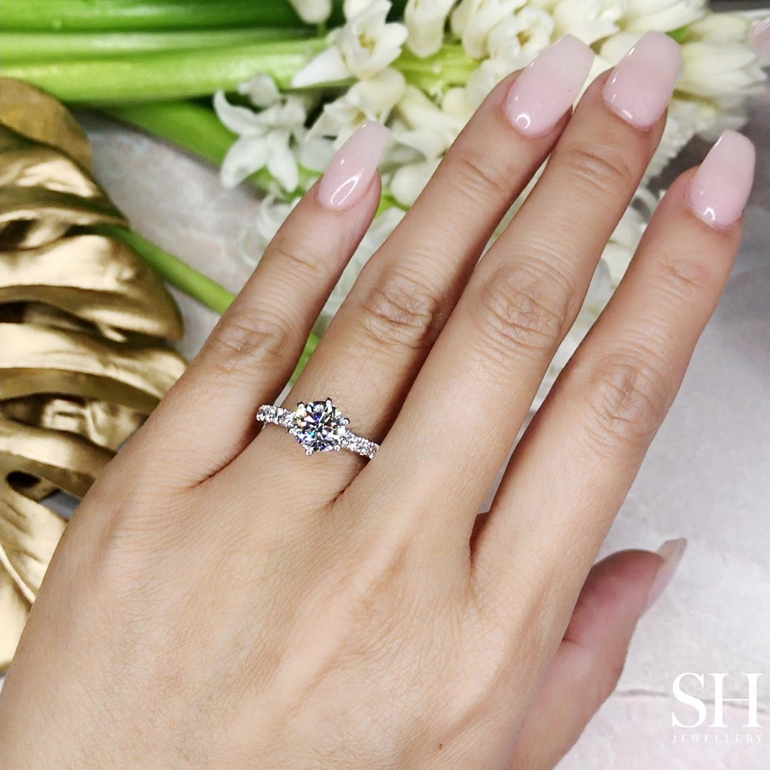 Bold 6-Claw engagement ring with pavé set band - W0253 (Lab Grown)