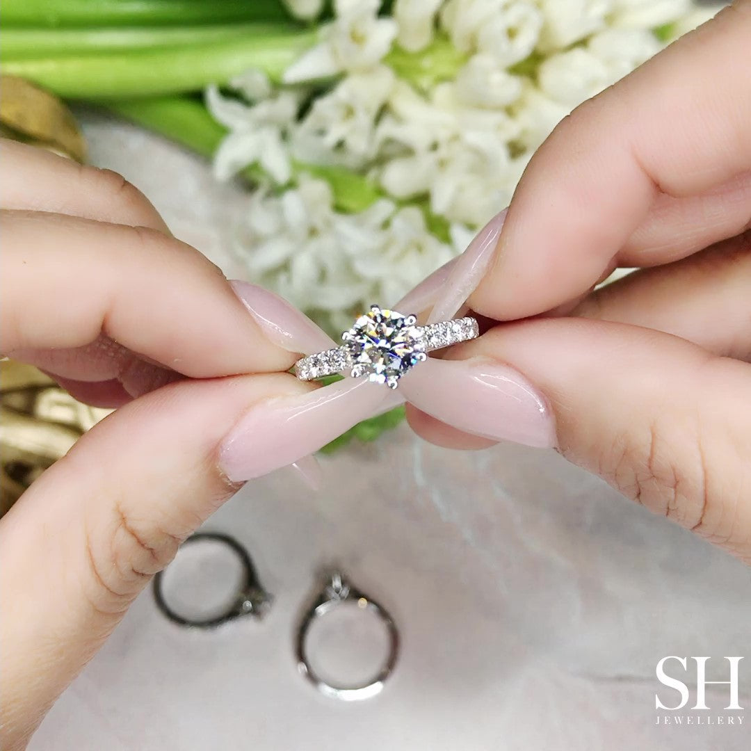 Bold 6-Claw engagement ring with pavé set band - W0253 (Lab Grown)