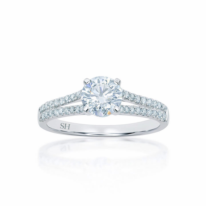 Classic 4-Claw Engagement Ring with Split Pavé Set Diamond Band (WG) - W0259 (Lab Grown)