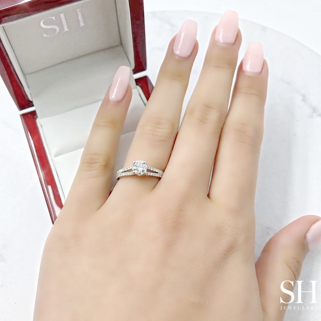 Classic 4-Claw Engagement Ring with Split Pavé Set Diamond Band (WG) - W0259 (Lab Grown)