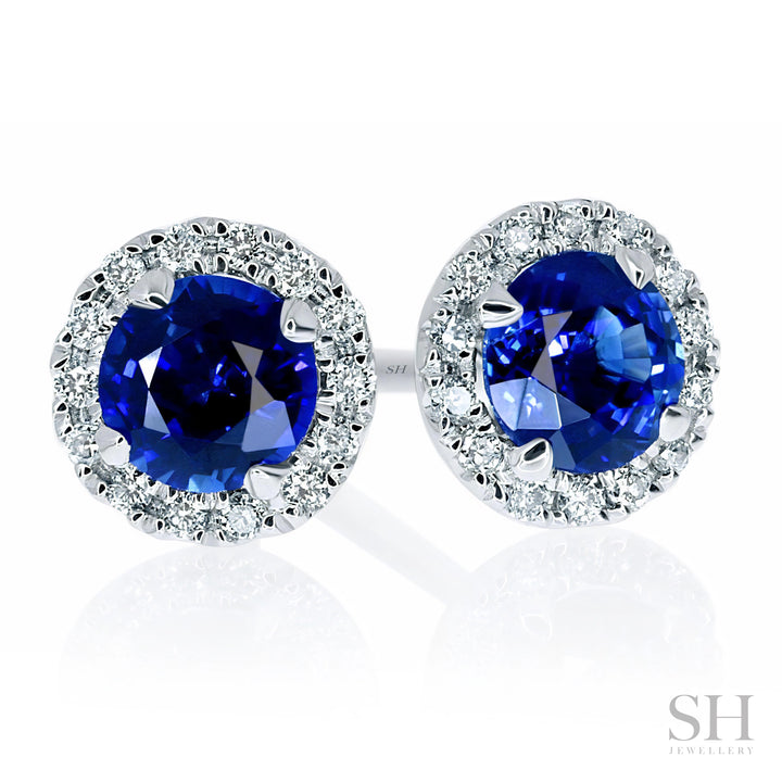 Pretty Royal Blue Sapphire and Diamond Halo Stud Earrings - W0310