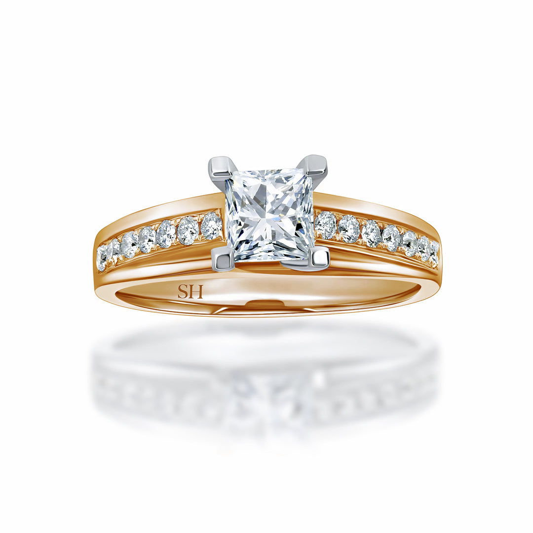 Princess Cut with crossover prongs and bridged grain set diamond band - W0335 (Lab Grown)