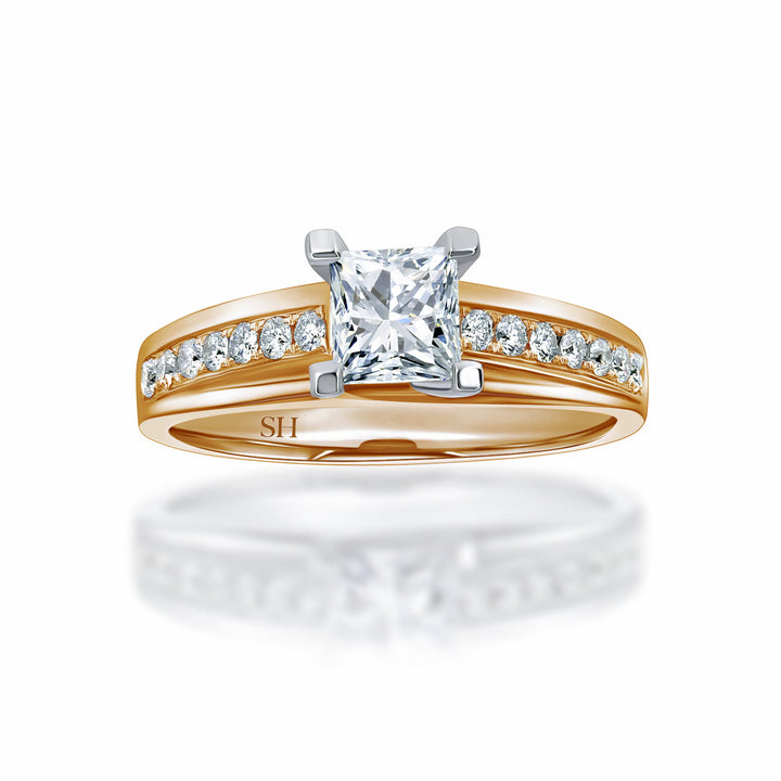 Princess Cut with crossover prongs and bridged grain set diamond band - W0335 (Lab Grown)