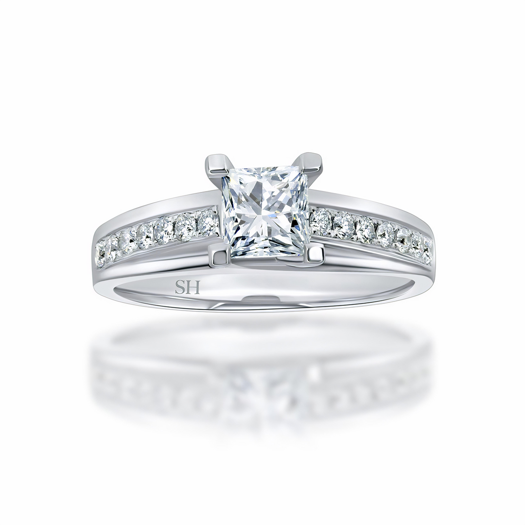 Princess Cut with crossover prongs and bridged grain set diamond band - W0335 (Lab Grown)