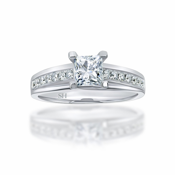 Princess Cut with crossover prongs and bridged grain set diamond band - W0335 (Lab Grown)