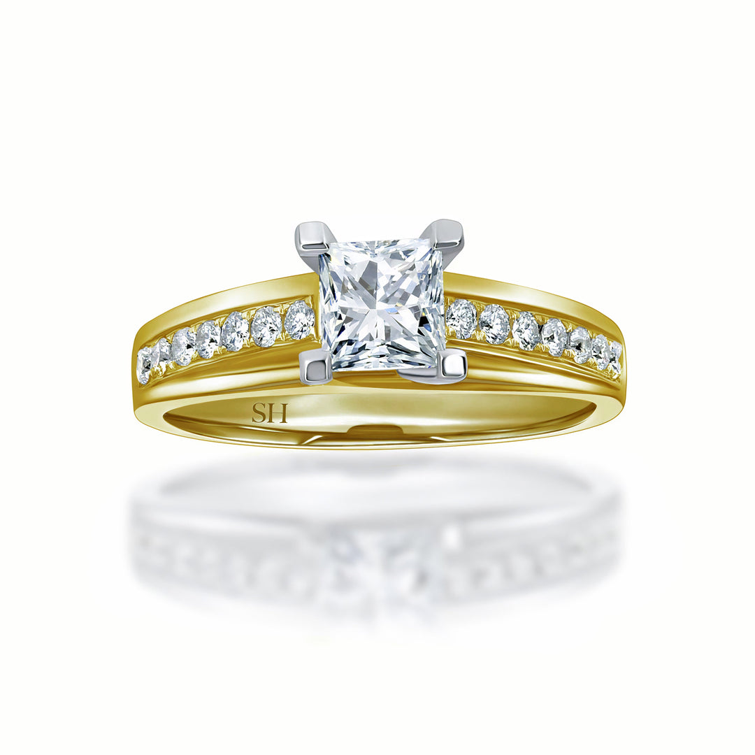 Princess Cut with crossover prongs and bridged grain set diamond band - W0335 (Lab Grown)