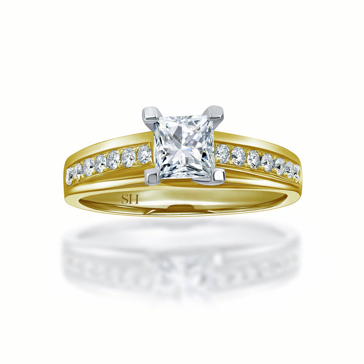 Princess Cut with crossover prongs and bridged grain set diamond band - W0335 (Lab Grown)