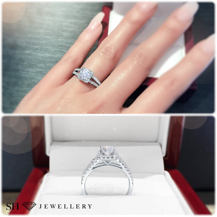 Cushion halo and twin pavé set diamond band - W0345 (Lab Grown)
