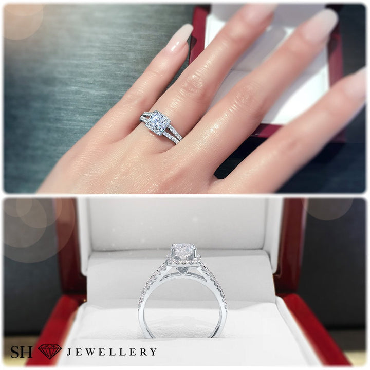 Cushion halo and twin pavé set diamond band - W0345 (Lab Grown)