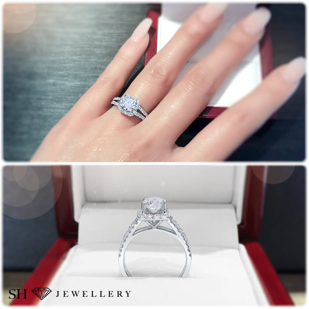 Cushion halo and twin pavé set diamond band - W0345 (Lab Grown)