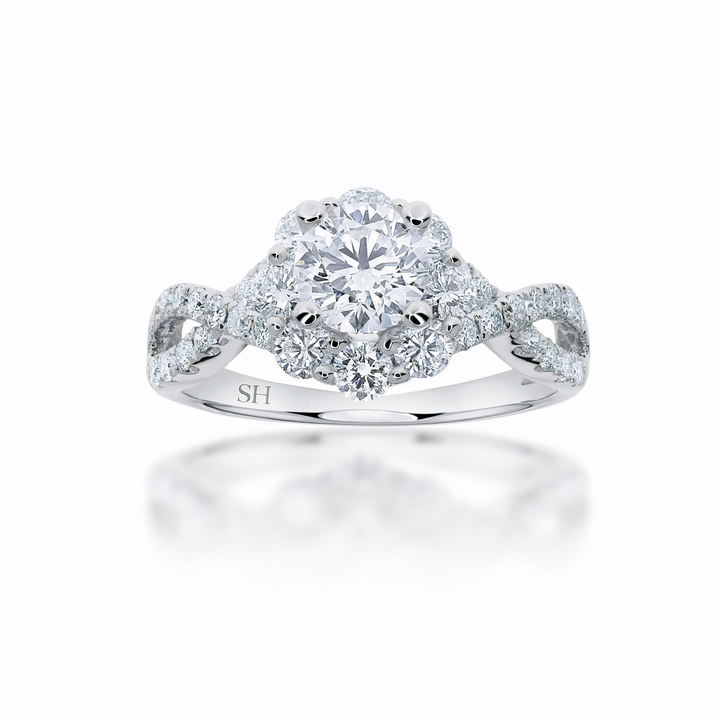 Halo cluster ring with crossover band - W0349 (Lab Grown)