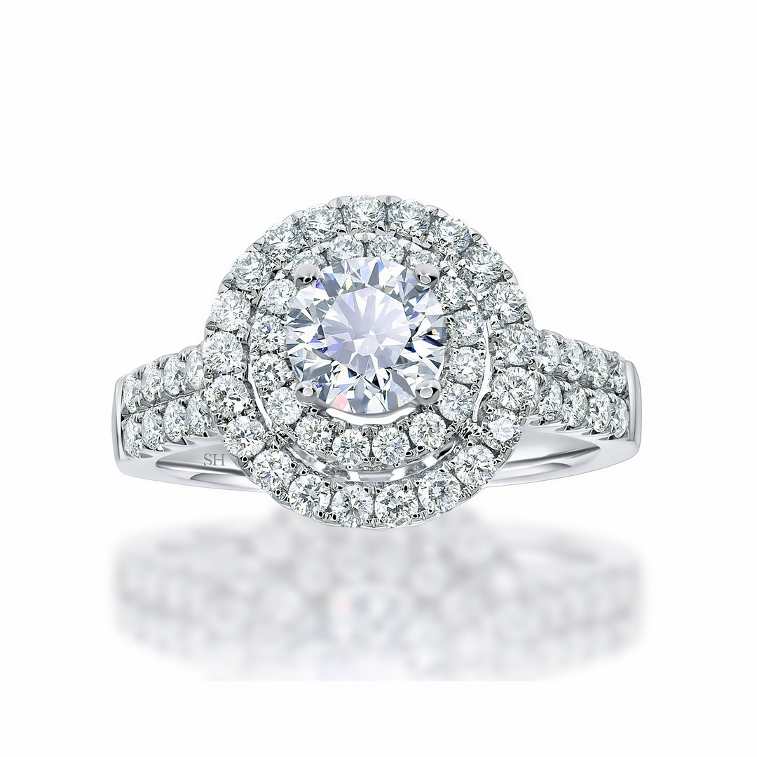 Double halo with twin pavé diamond band - W0351 (Lab Grown)