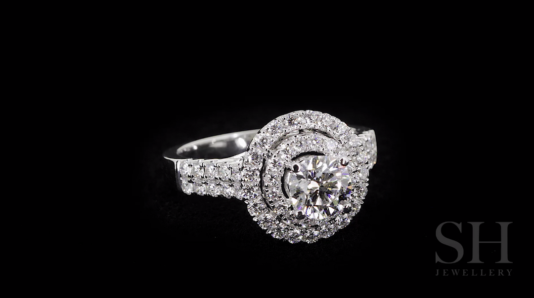 Double halo with twin pavé diamond band - W0351 (Lab Grown)