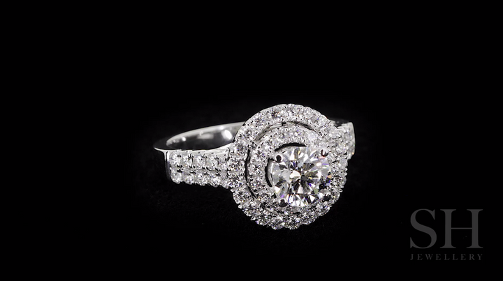 Double halo with twin pavé diamond band - W0351 (Lab Grown)