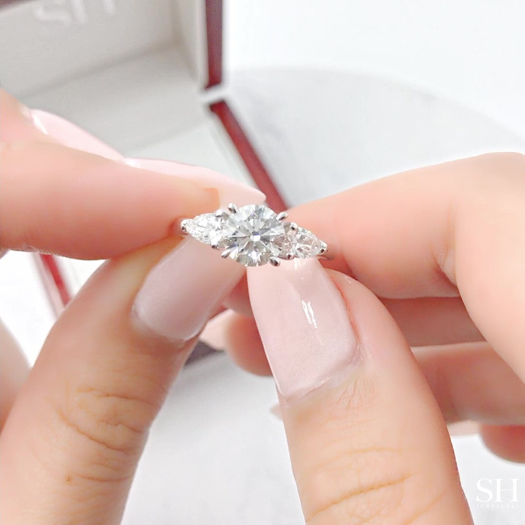 Trilogy Ring with Two Pears - W0352 — 18kt White Gold · 0.6ct E SI2 (Clearance)