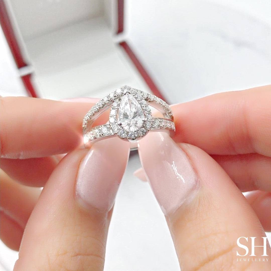 Modern Pear Shape Halo Ring with Pave Set Double Band - W0402 (Lab Grown)