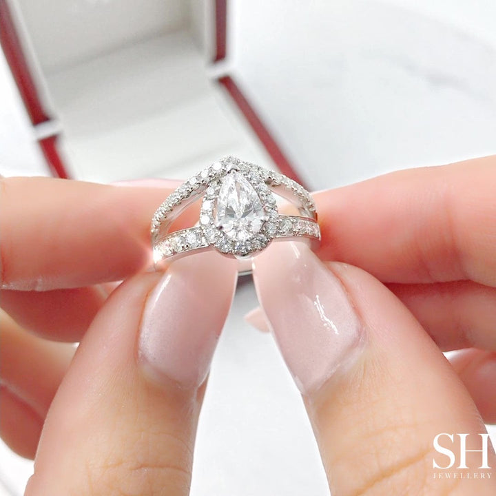 Modern Pear Shape Halo Ring with Pave Set Double Band - W0402 (Lab Grown)