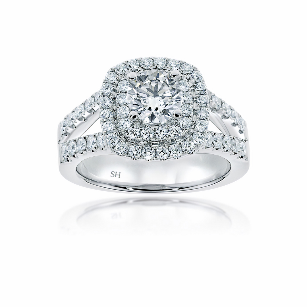 Double Cushion Halo with Tapering Double Pave Set Band - W0403 (Lab Grown)