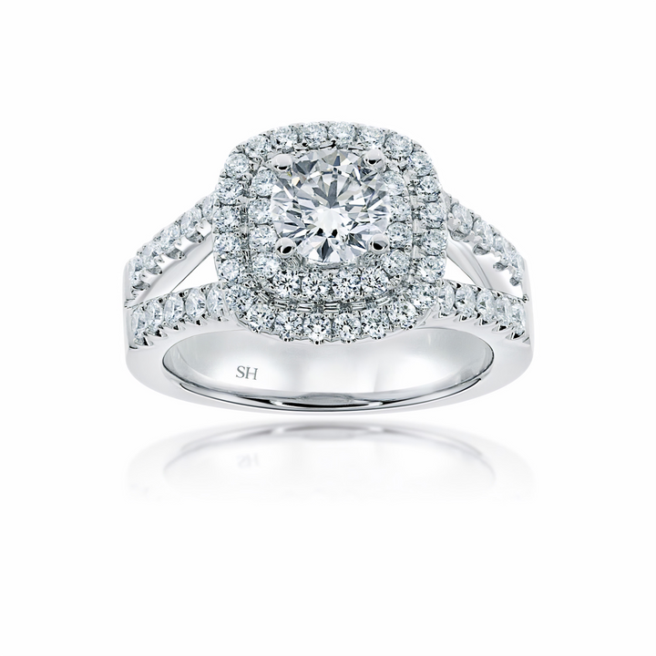 Double Cushion Halo with Tapering Double Pave Set Band - W0403 (Lab Grown)