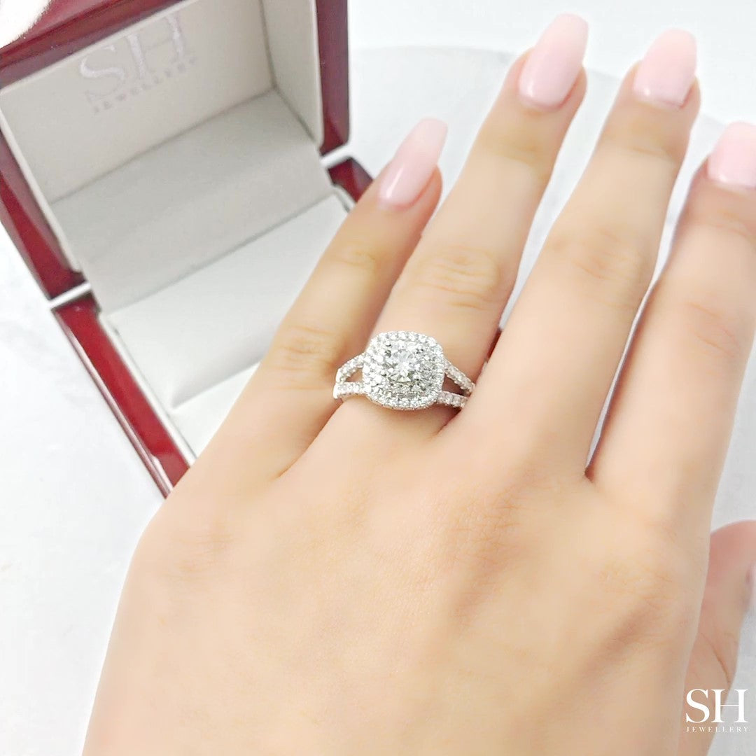 Double Cushion Halo with Tapering Double Pave Set Band - W0403 (Lab Grown)