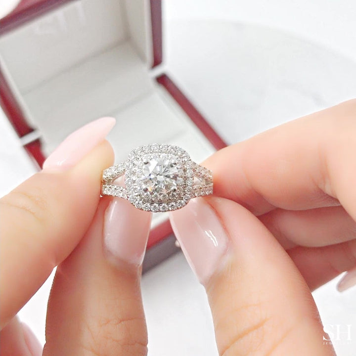Double Cushion Halo with Tapering Double Pave Set Band - W0403 (Lab Grown)