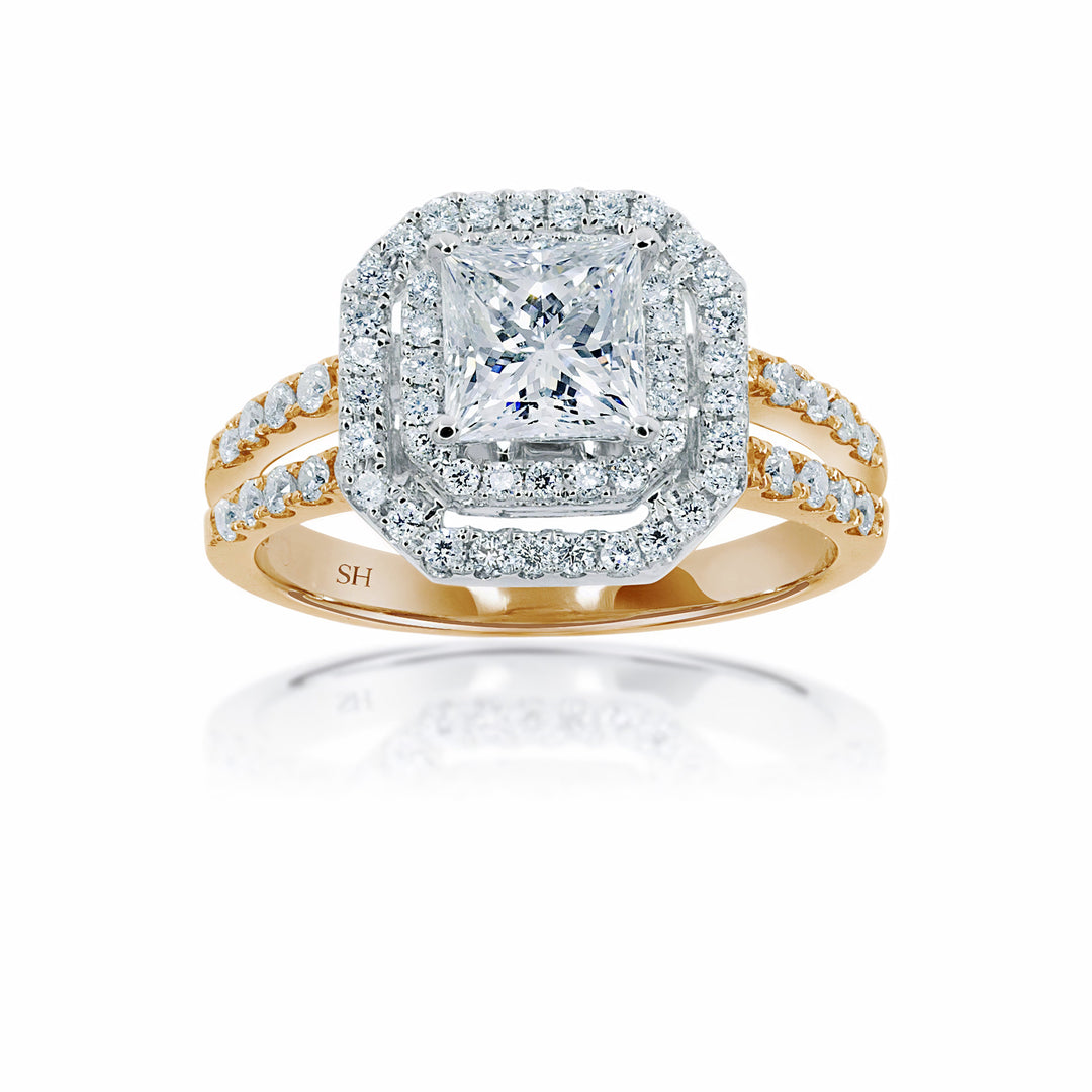 Octagon Double Halo with Princess Cut Centre and Twin Parallel Bands - W0404 (Lab Grown)