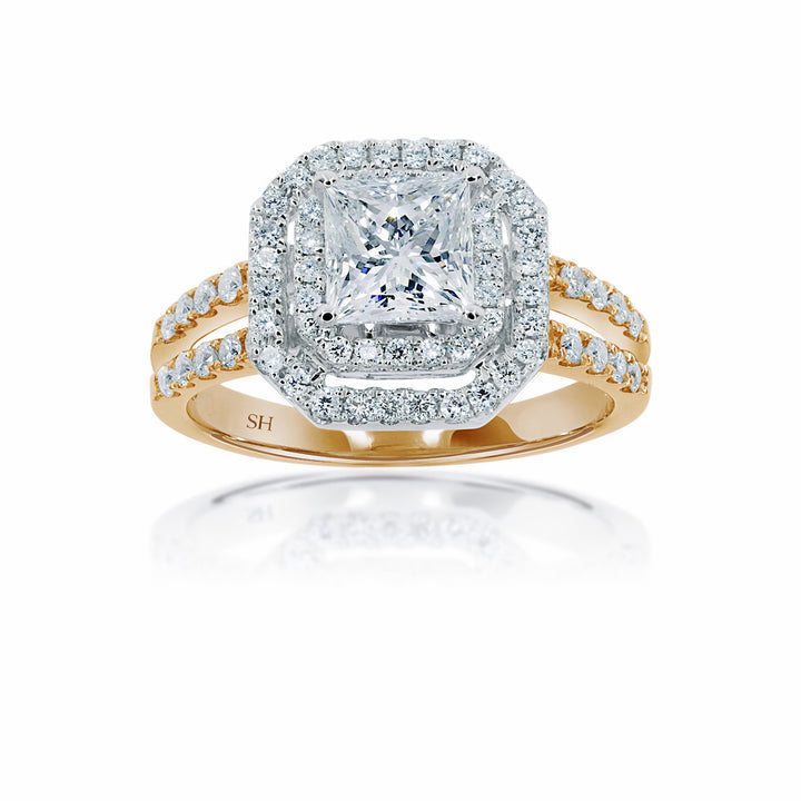 Octagon Double Halo with Princess Cut Centre and Twin Parallel Bands - W0404 (Lab Grown)