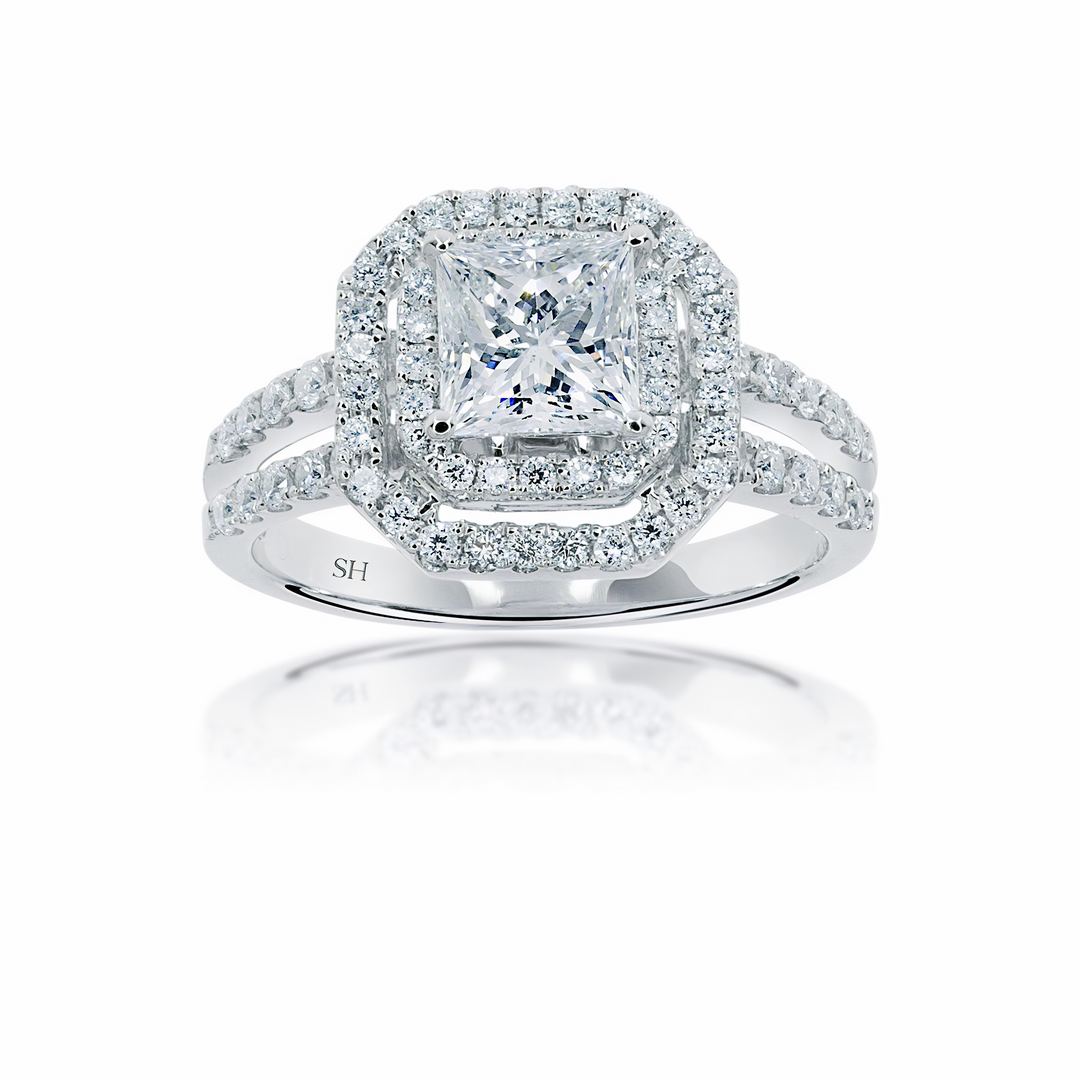 Octagon Double Halo with Princess Cut Centre and Twin Parallel Bands - W0404 (Lab Grown)
