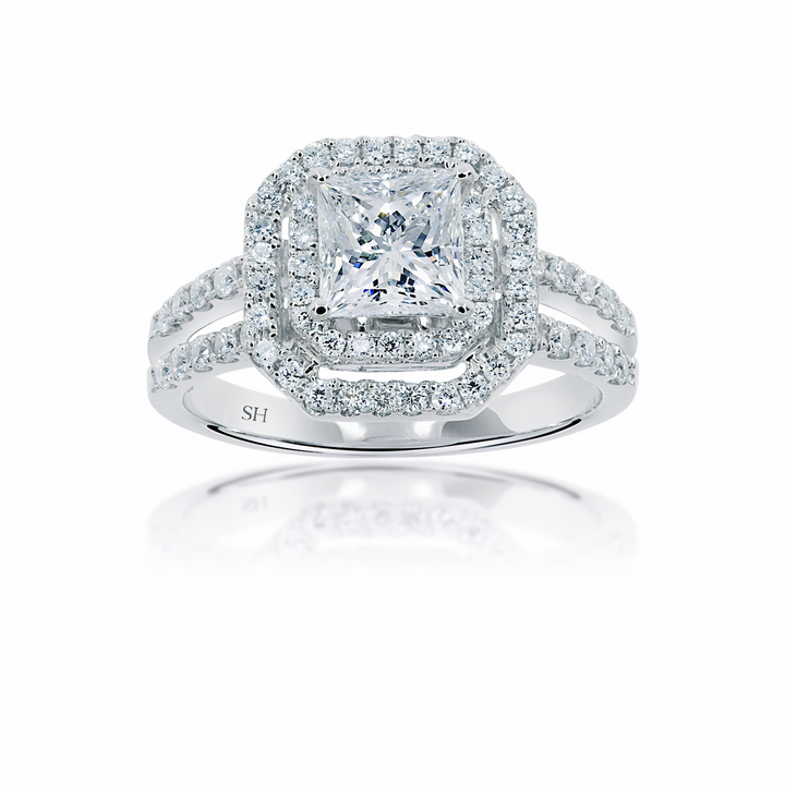 Octagon Double Halo with Princess Cut Centre and Twin Parallel Bands - W0404 (Lab Grown)