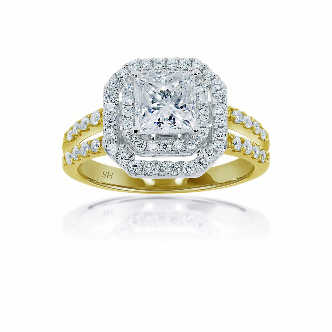 Octagon Double Halo with Princess Cut Centre and Twin Parallel Bands - W0404 (Lab Grown)