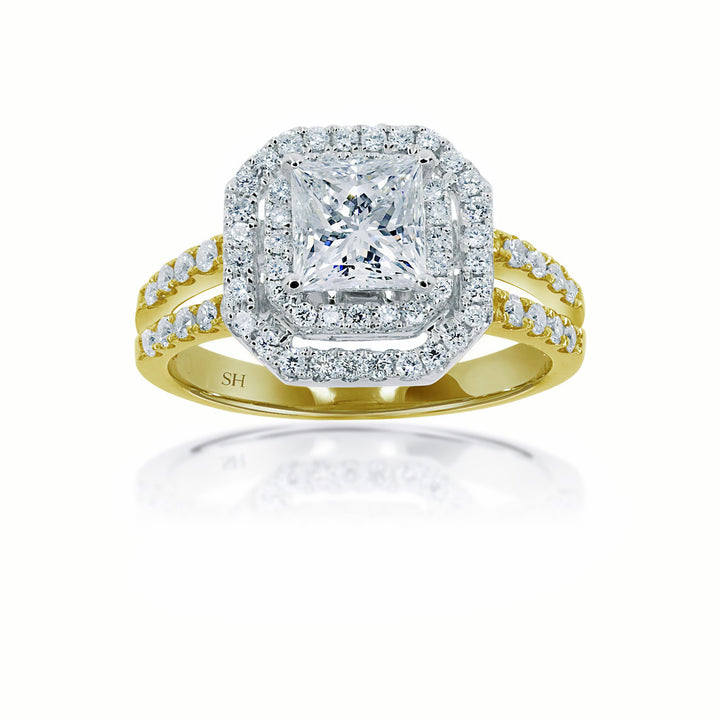 Octagon Double Halo with Princess Cut Centre and Twin Parallel Bands - W0404 (Lab Grown)