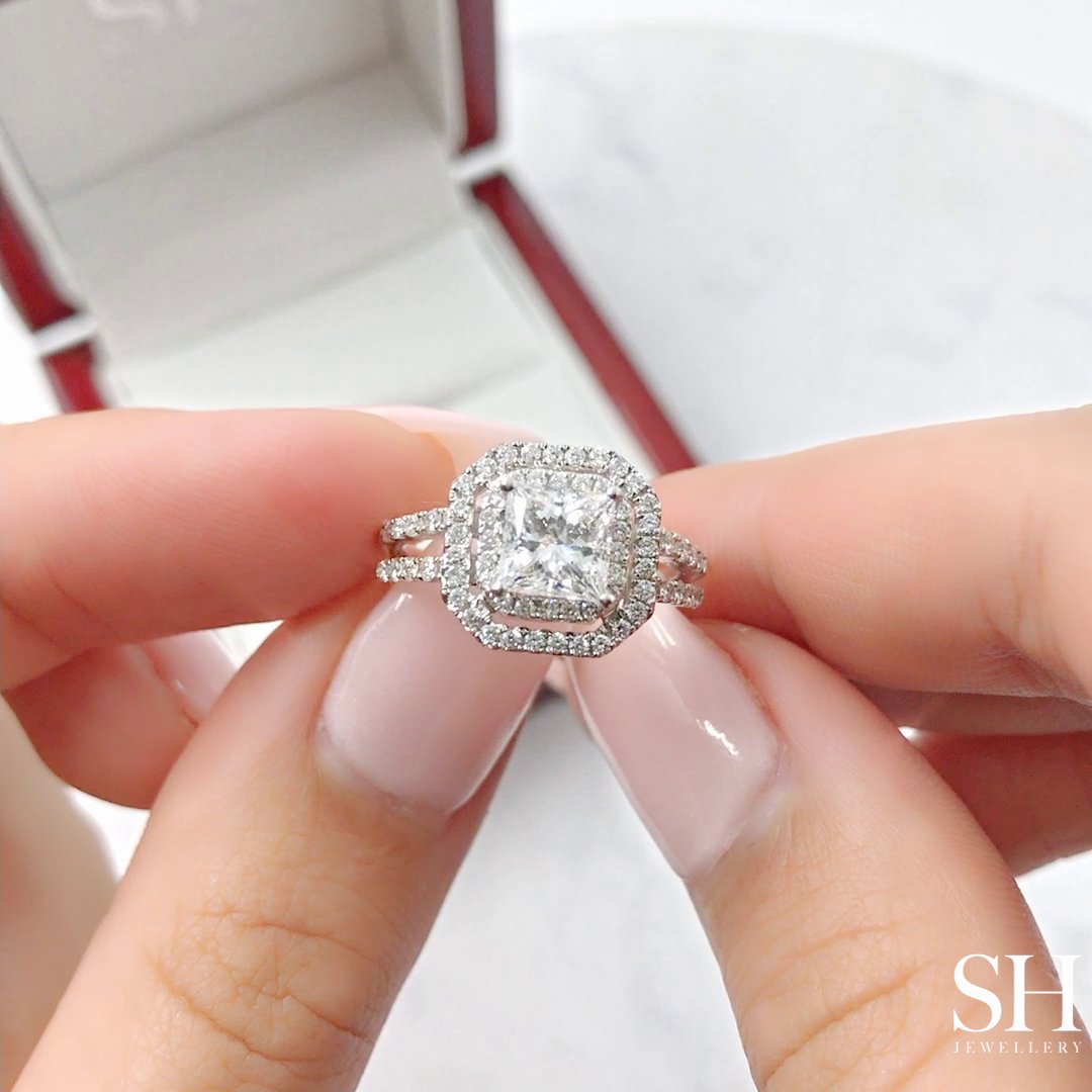Octagon Double Halo with Princess Cut Centre and Twin Parallel Bands - W0404 (Lab Grown)