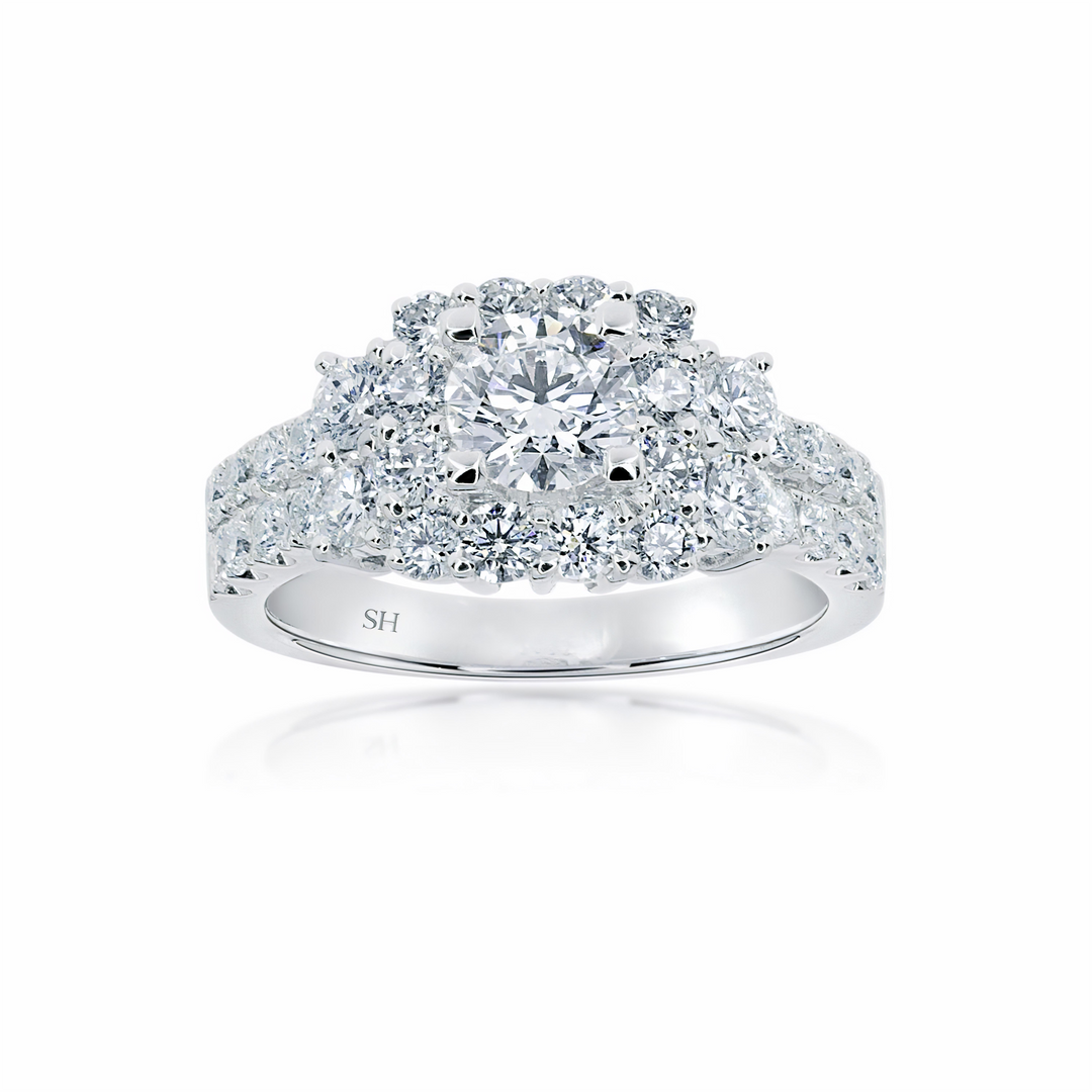 Vibrant Square Halo Diamond Ring with Double Row Pave Set Band - W0405 (Lab Grown)