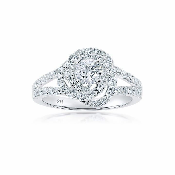 Floral Petal Halo Diamond Ring with Tapering Double Band - W0406 (Lab Grown)
