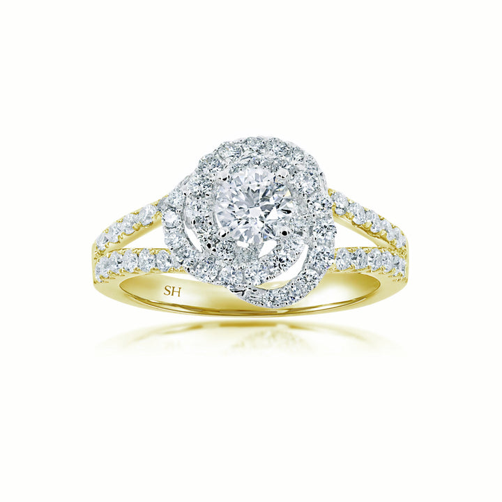 Floral Petal Halo Diamond Ring with Tapering Double Band - W0406 (Lab Grown)
