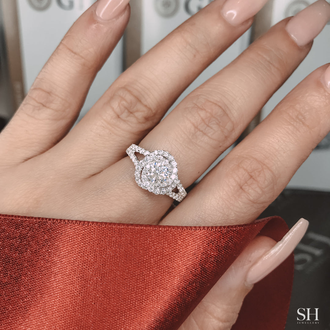 Floral Petal Halo Diamond Ring with Tapering Double Band - W0406 (Lab Grown)