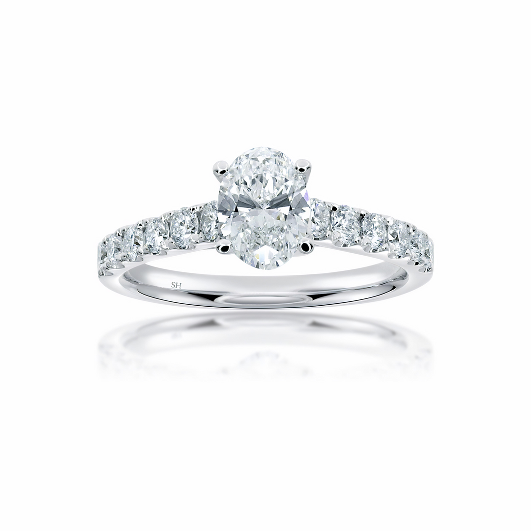 Timeless 4-Claw Oval Diamond Ring with Pave Set Band - W0407 (Lab Grown)