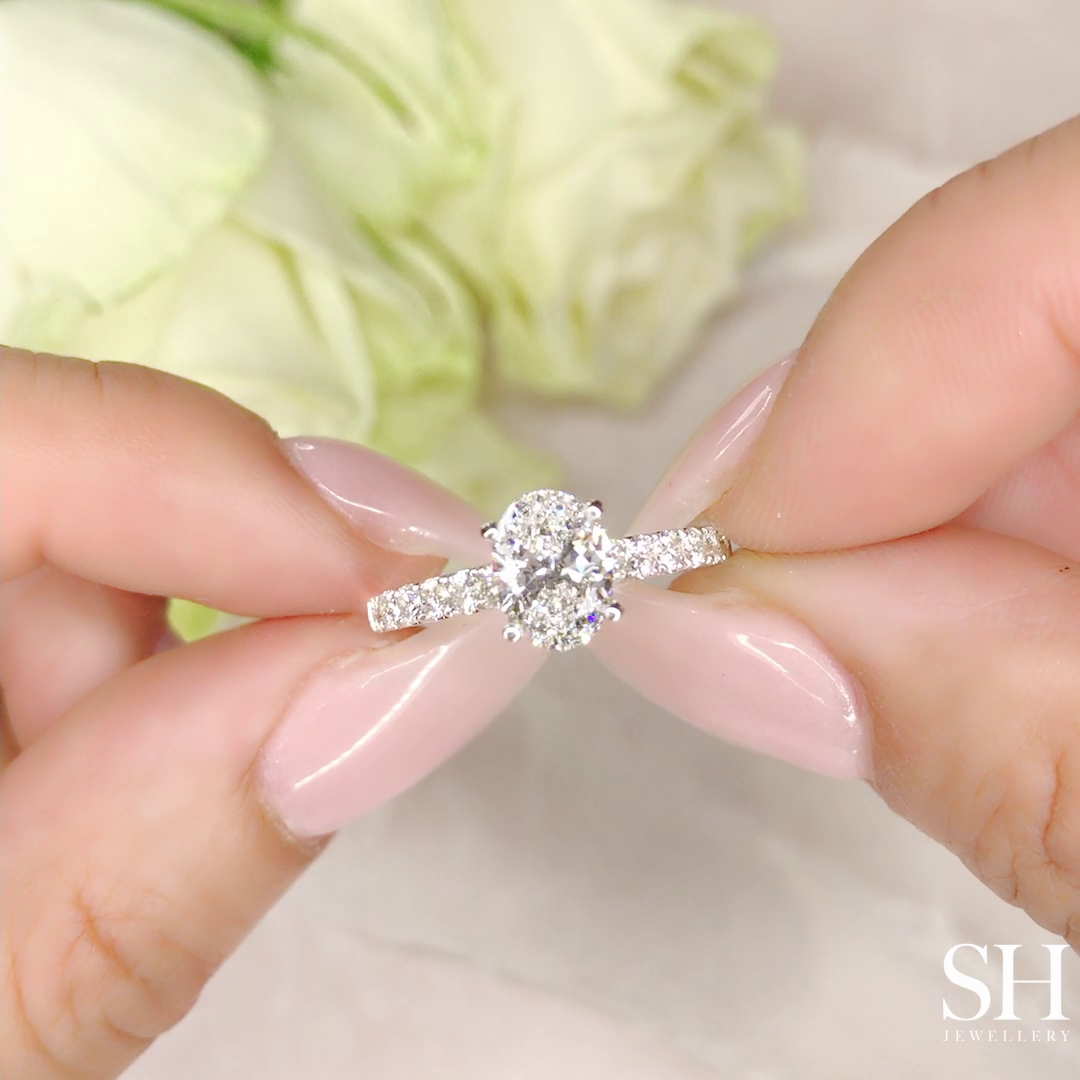 Timeless 4-Claw Oval Diamond Ring with Pave Set Band - W0407 (Lab Grown)