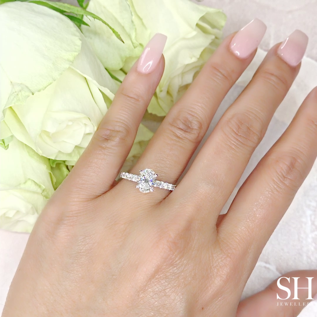 Timeless 4-Claw Oval Diamond Ring with Pave Set Band - W0407 (Lab Grown)