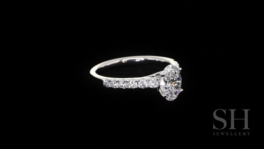 Timeless 4-Claw Oval Diamond Ring with Pave Set Band - W0407 (Lab Grown)