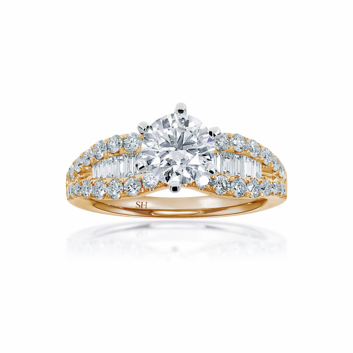 Bold 6-Claw Ring with Channel Set Baguette Diamond Band - W0409 (Lab Grown)