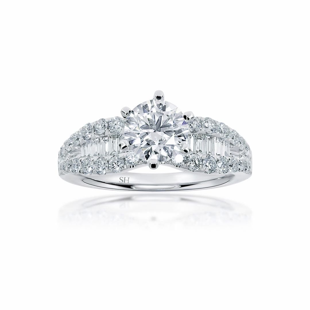 Bold 6-Claw Ring with Channel Set Baguette Diamond Band - W0409 (Lab Grown)