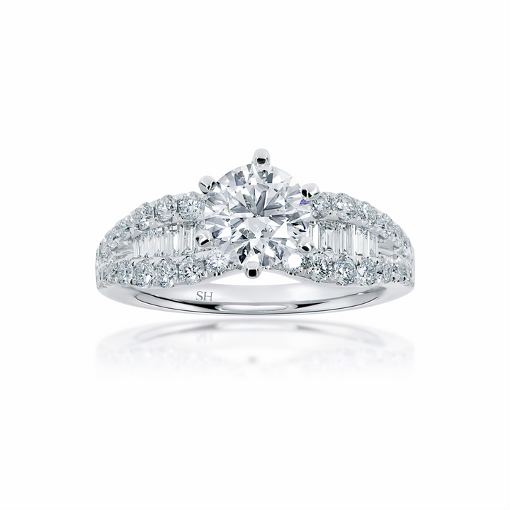 Bold 6-Claw Ring with Channel Set Baguette Diamond Band - W0409 (Lab Grown)