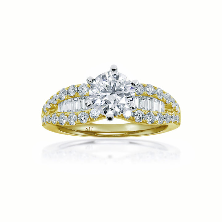 Bold 6-Claw Ring with Channel Set Baguette Diamond Band - W0409 (Lab Grown)